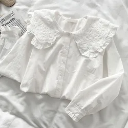 Preppy Style Peter Pan Collar White Shirt Women Spring Summer Long Sleeve Casual Loose Student Blouses Kawaii Button-Up Shirts