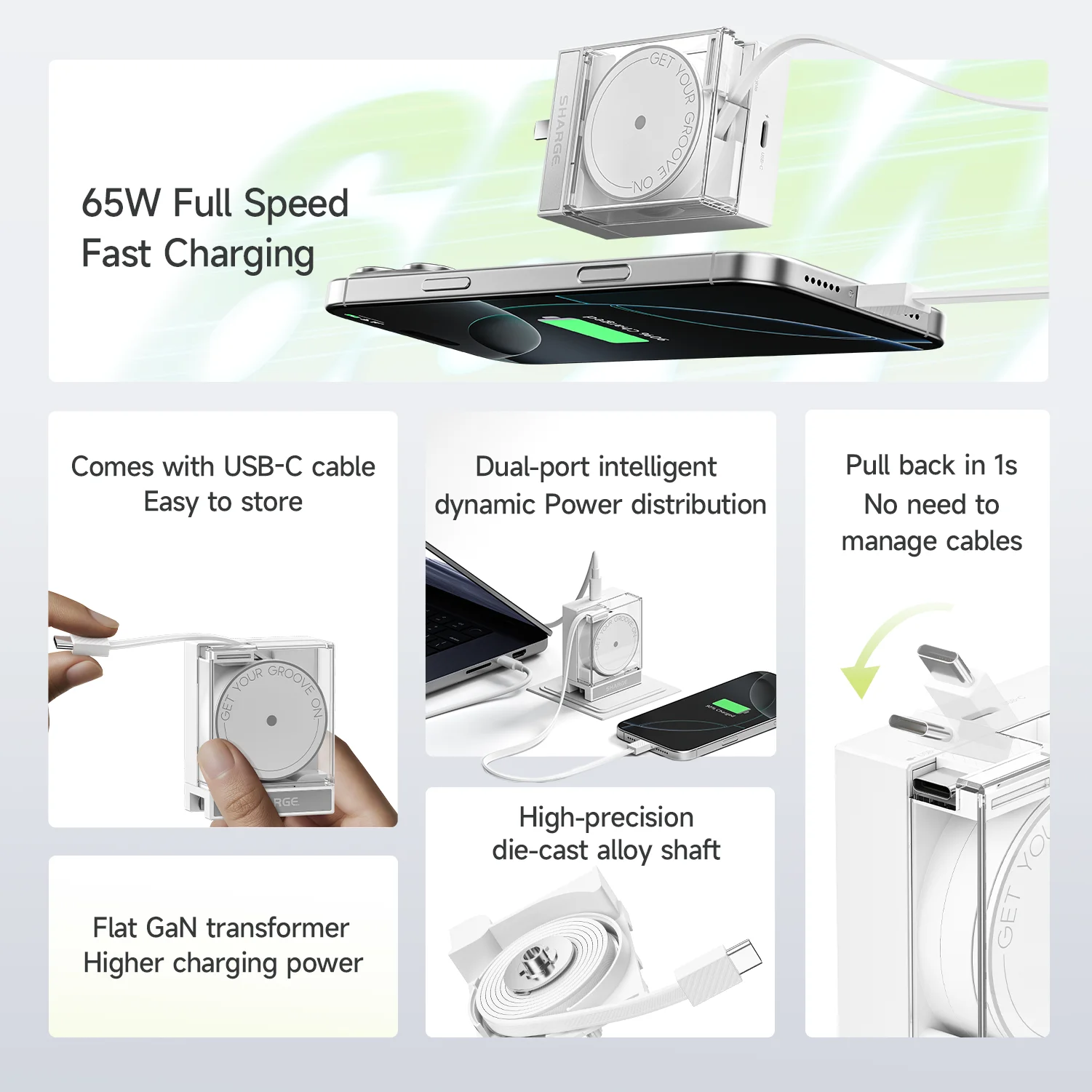 SHARGE Retractable 65W USB C Charger GaN Power 2 Devices PD Fast Charging for MacBook Pro/Air, iPhone 16,Pixel Book