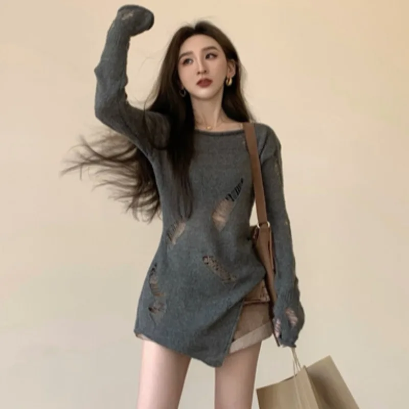 

Sunscreen Clothes Irregular Women's 2024 New Unique Design Sense European Knitwear Long Hollow Bottom Top