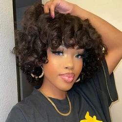 Bouncy Curly Fringe Wig Pixie Cut Wig Curly Human Hair Wigs for Black Women Cheap Full Machine Wigs Egg Curls Bob Wig With Bangs