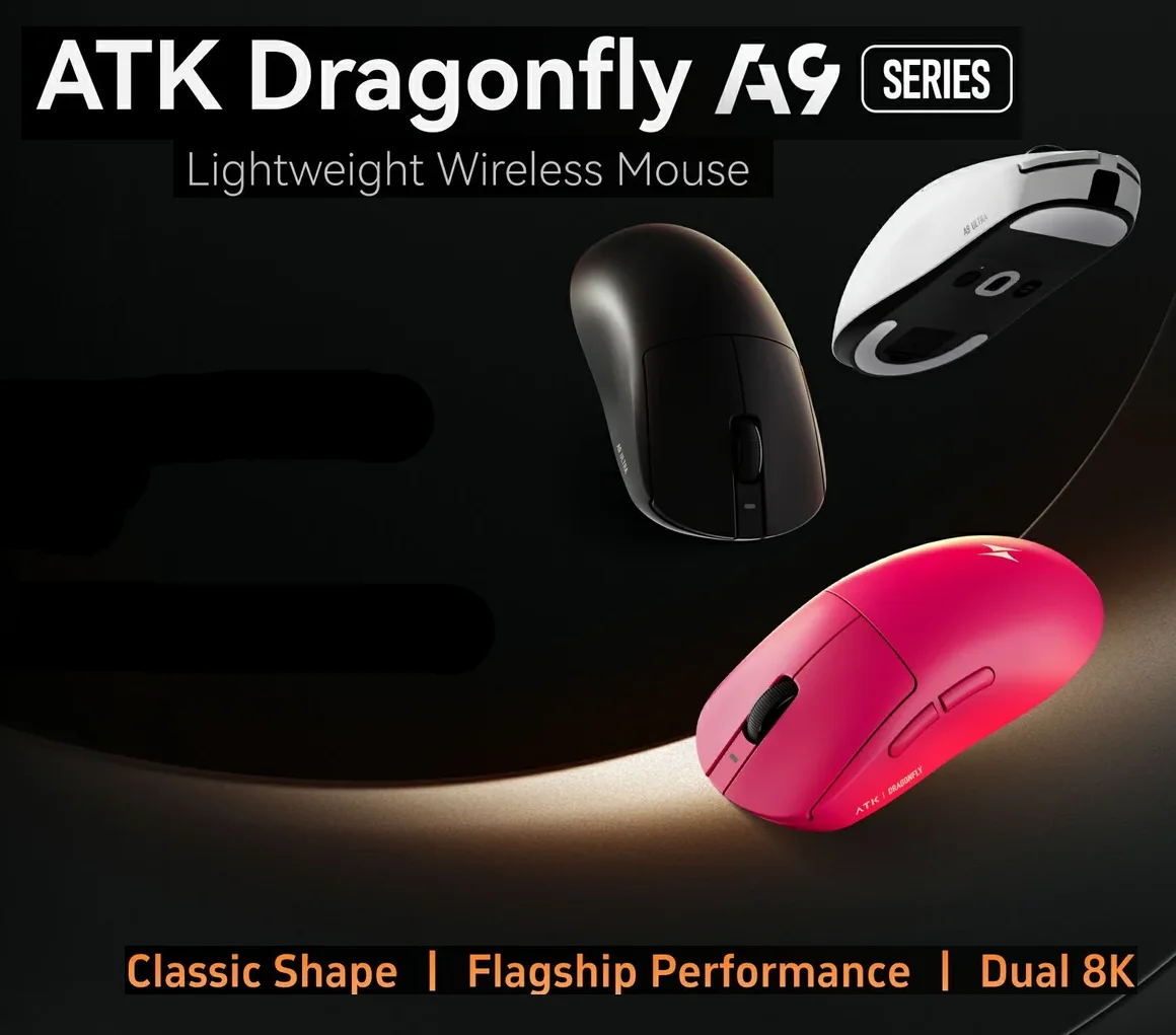 ATK Dragonfly A9 Pro Max Lightweight Tri-Model Wireless Mouse PAW3950Ultra 42000DPI 750IPS 8KHz RGB Ergonomic Gaming Mice for PC