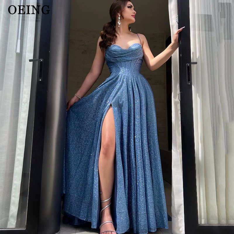 

OEING Blue A-Line Princess Prom Dresses Simple Strapless Sweetheart Party Gown Sexy Floor-Length Side Split Dress Customized