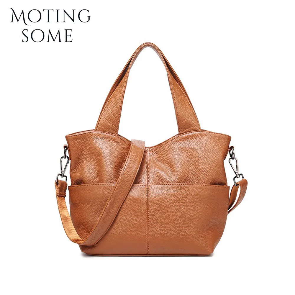 Motingsome Luxury Leather Woman Bag Full Grain Cowhide Multi-pocket Shopper Tote Crossbody Shoulder Handbag Thick Cowhide Bags