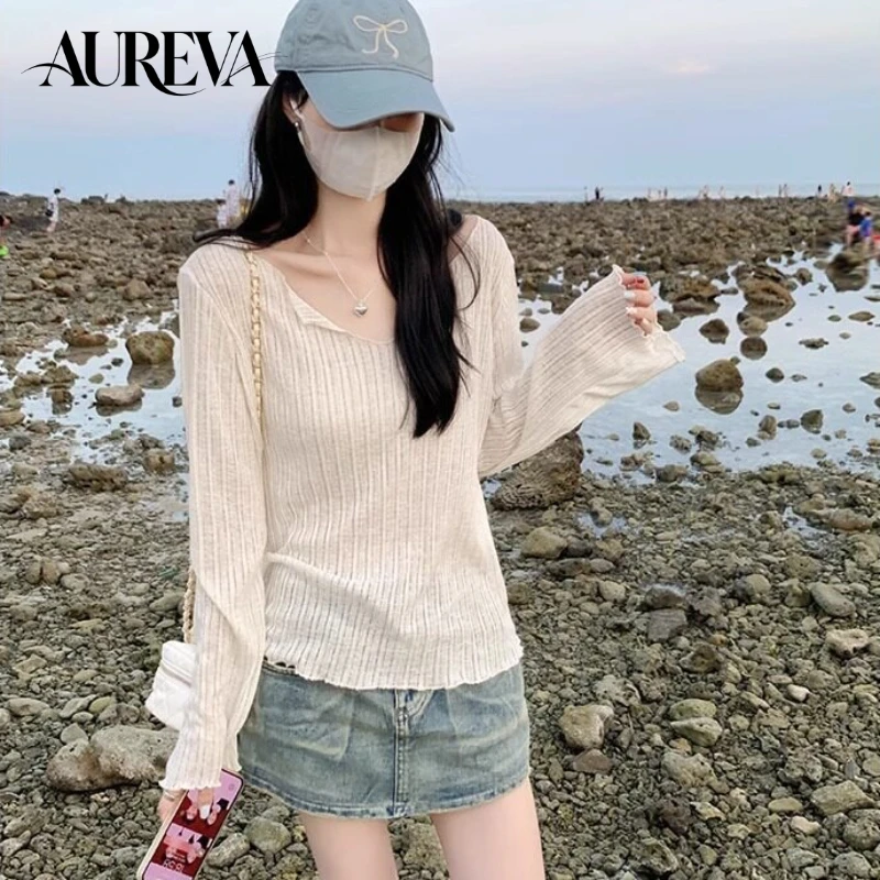 Women's Casual V-Neck Ice Silk Long Sleeve T-shirt Loose Sheer Pullover Hollow out Design Sexy Hot Girl Top with Sun Protection