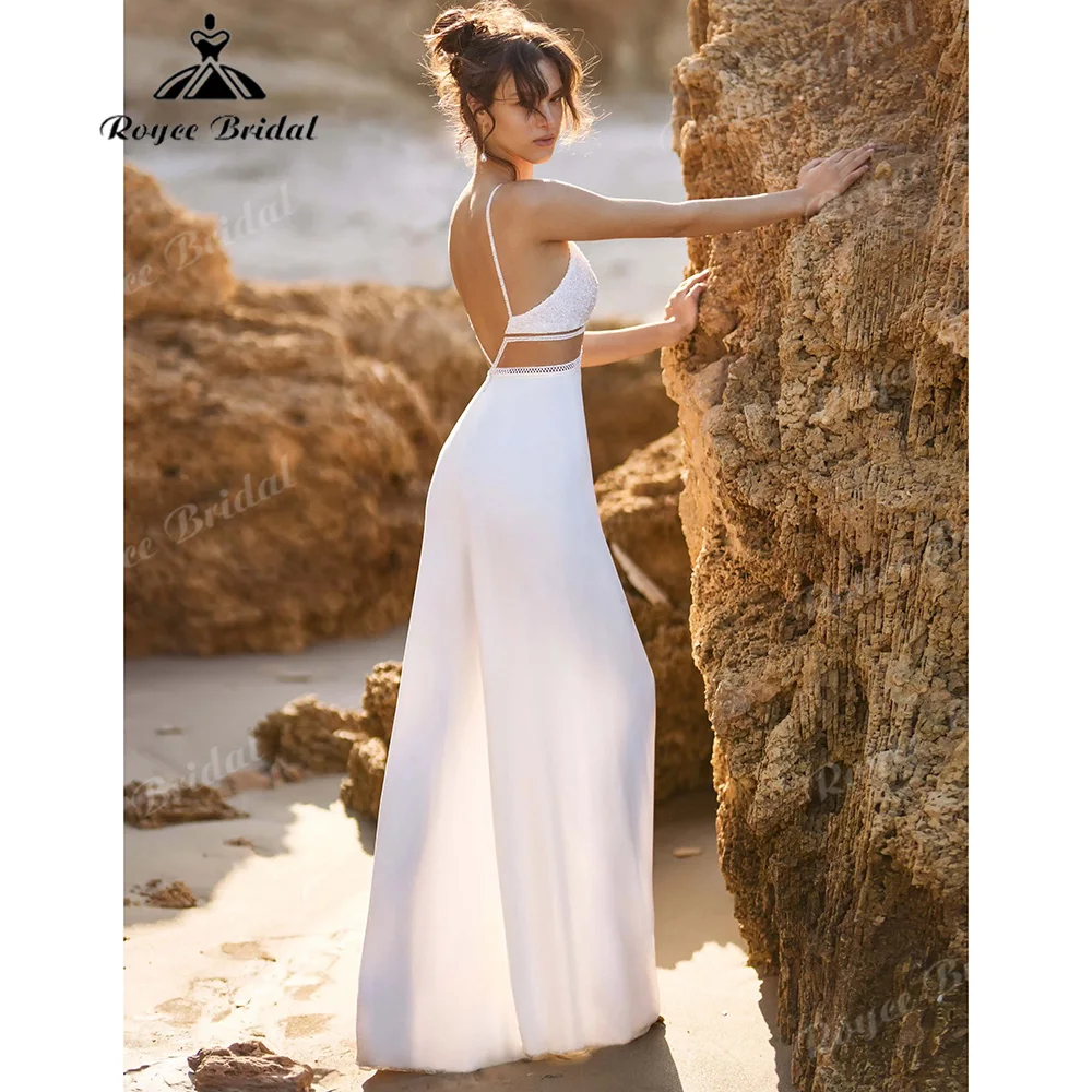Spaghetti Strap Deep V Cutout Bridal Jumpsuit Beaded Top Lace Trim Open Back Wide Leg Satin Vestido De Novia Customized