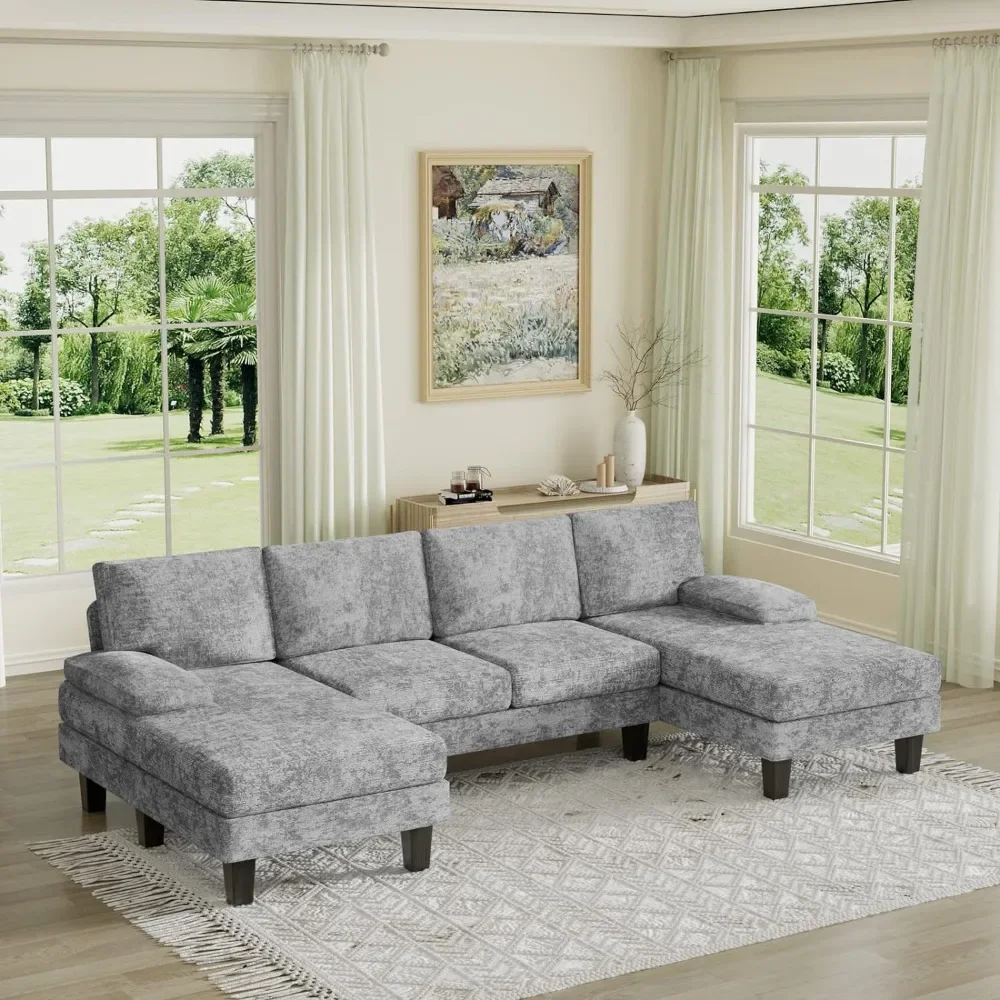 4 Seat Sofa Set for Living Room with Throw Pillows, U-Shaped Modern Minimalist Fabric Modular Sofa with Double Chaise