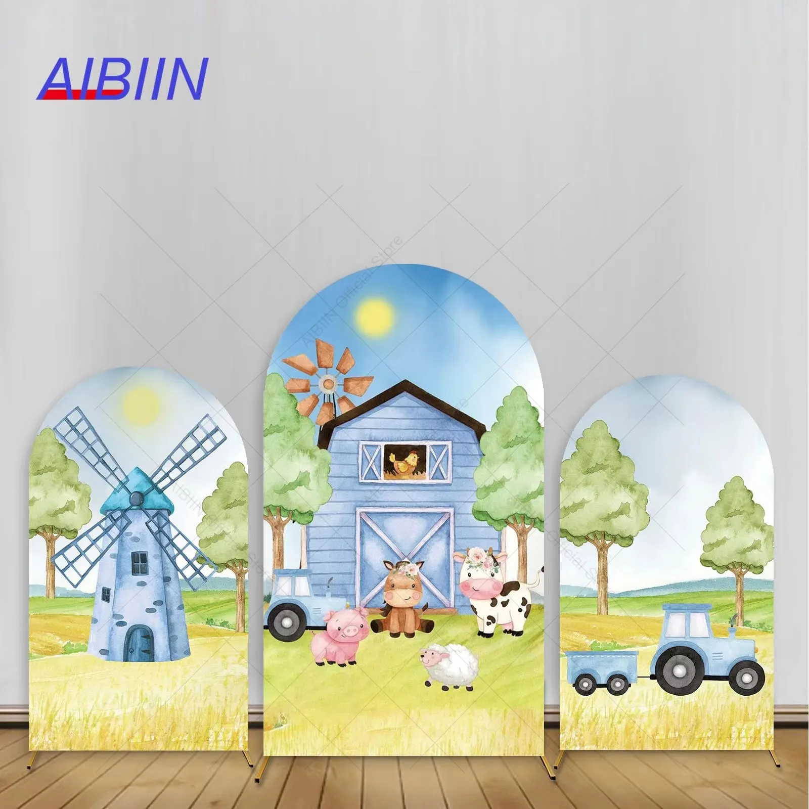 

AIBIIN Farm Barn Themed Arch Backdrop Cover Windmill Milk Cow Pig Blue Boy Pink Girl Birthday Baby Shower Party Decor Background