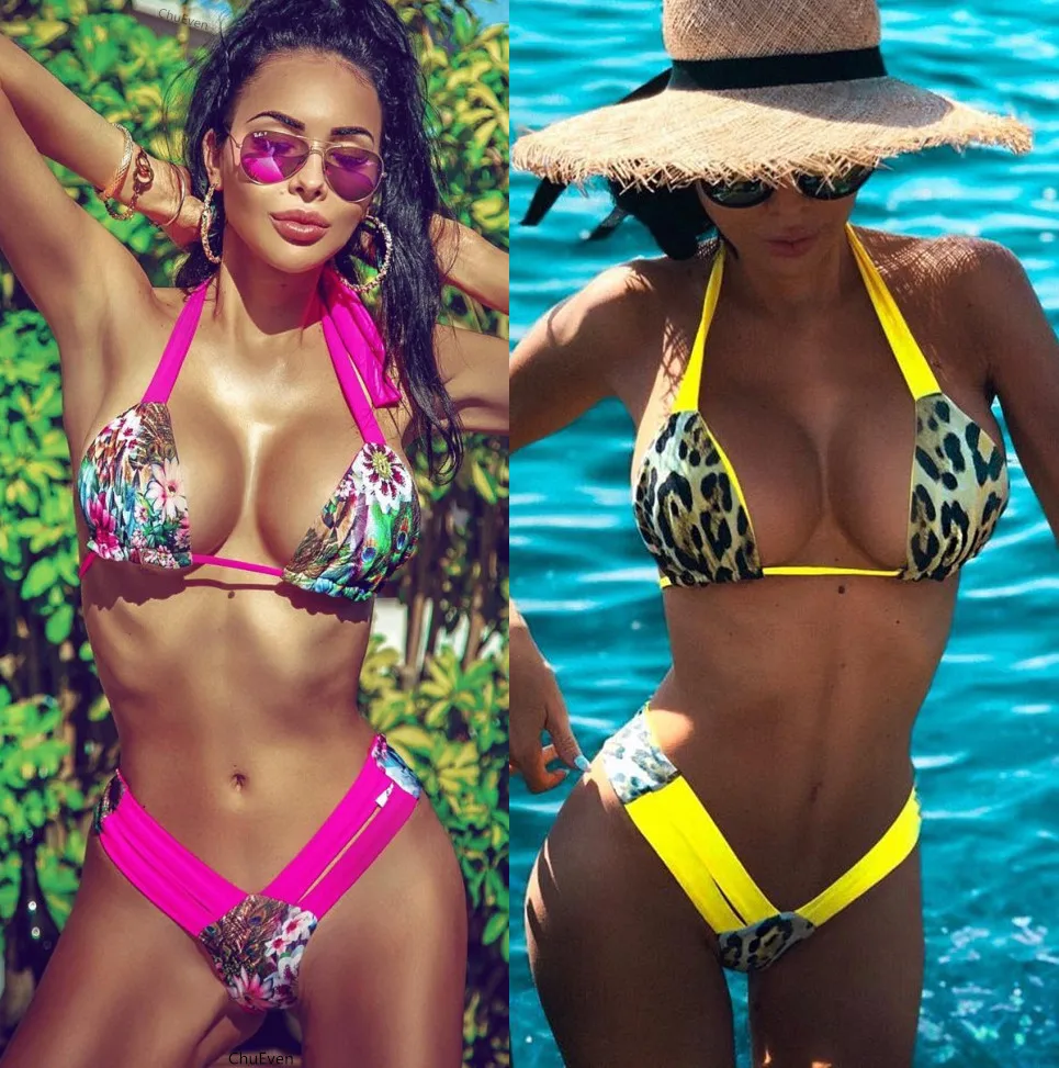 

2025 Sexy Leopard Bikini Floral Print Halter Swimwear Swimsuit Women Bikini Set Bathing Suit Beach Bikini Female Banadores Mujer