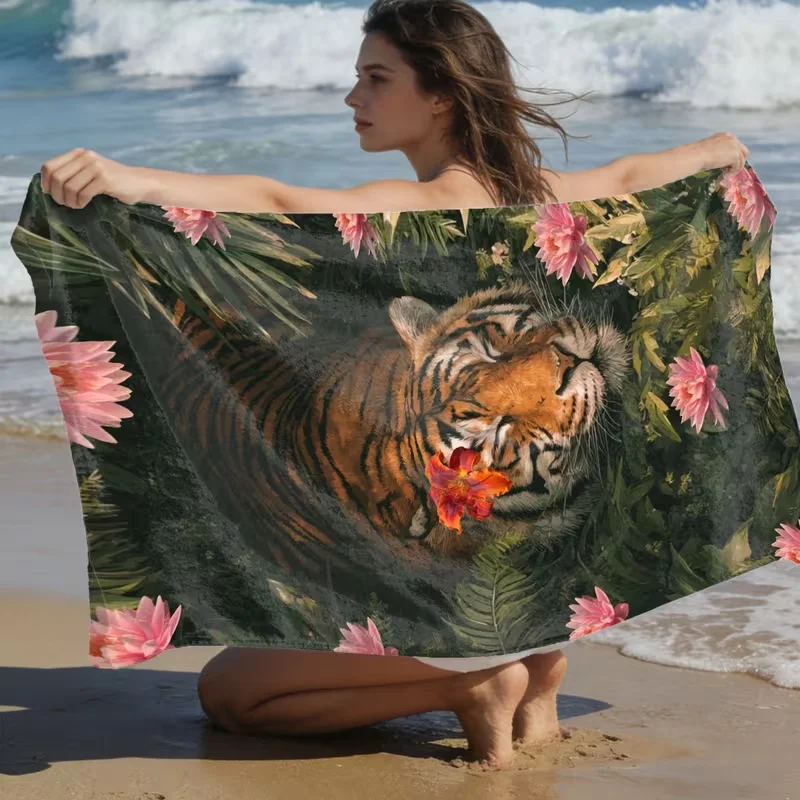 Jungle Floral Sleeping Tiger Beach Towel Vintage Botanical Animal Print Soft Quick Dry Towel For Beach Camping Swimming