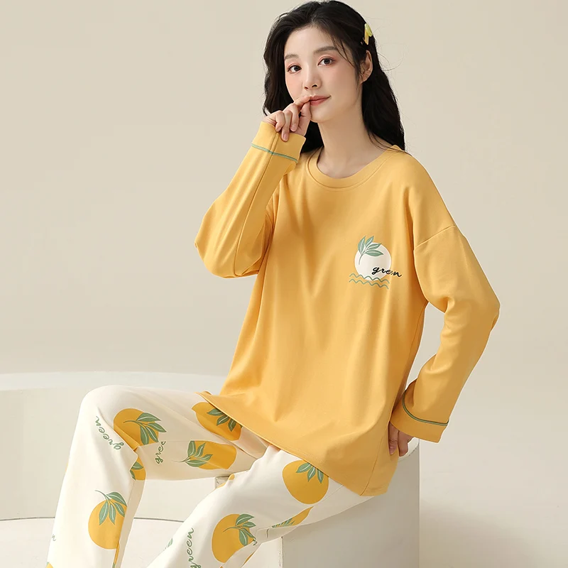 M-XXXL 4XL 5XL Sleep Lounge Pajama Long Sleeve Top + Long Pant Woman Pajama Set Cartoon Print Pyjamas Cotton Sleepwear For Women