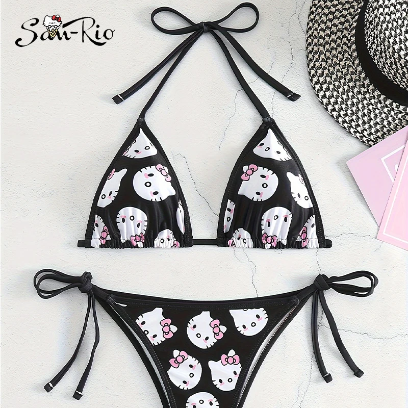 

2Pcs Black Hello Kitty Bikini Cartoon Lingerie Girl Bikinis Summer Beach Getaways Swimsuit Set Woman Underwear Small Bust Bra