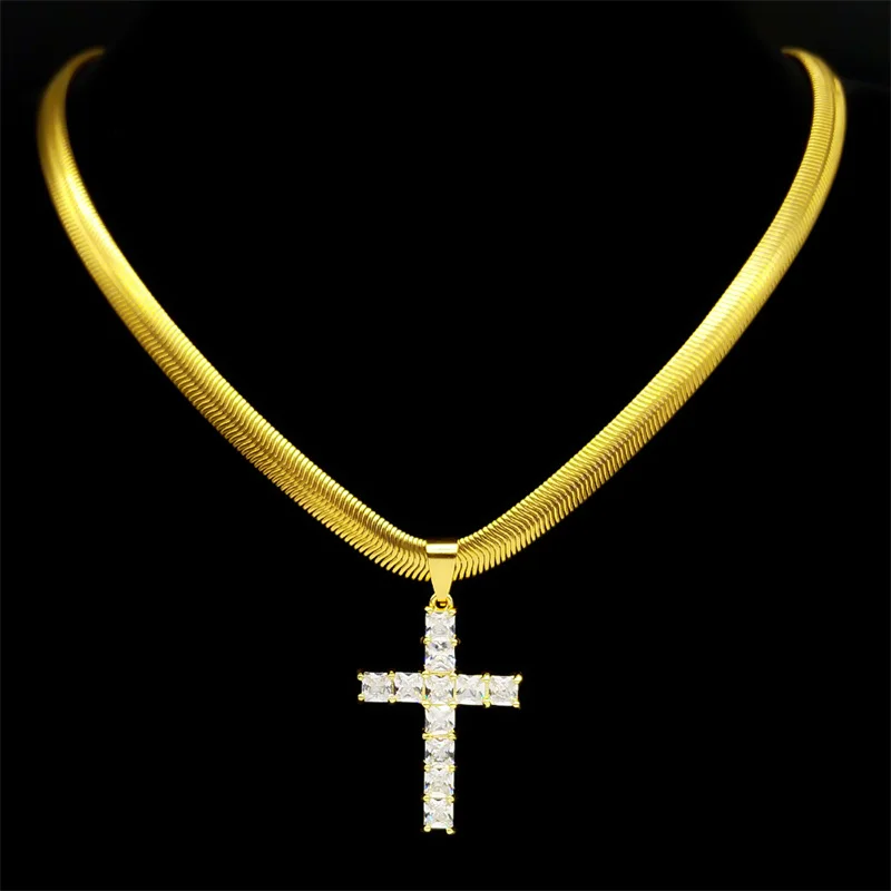 الذهب اللون يسوع الصليب قلادة المسيح المخلص المسيحية الكاثوليكية حجر الراين قلادة للنساء الفولاذ المقاوم للصدأ النحاس المجوهرات #2