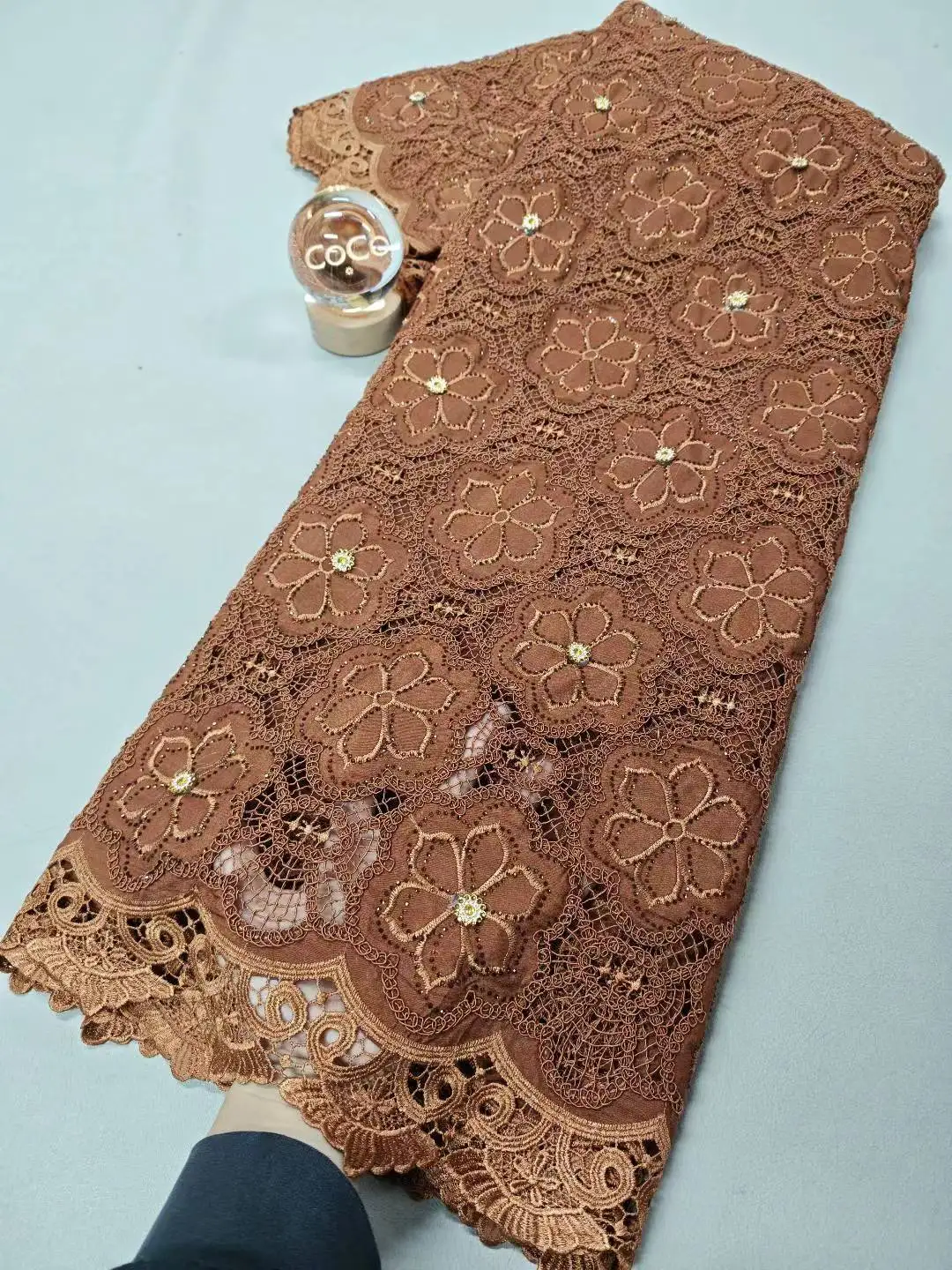 

African Tulle Lace Quilting Fabric,5 Yards White Cotton Fabric by the Meter With Rhinestones, Suitable For Party Dresses Design