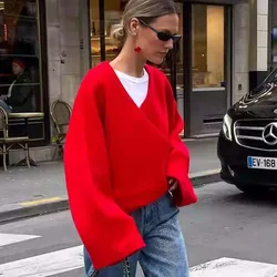 YENKYE Otoño Invierno suéter mujer cuello pico cruzado rojo mujer Crop pulóver Chic manga larga suéteres de Navidad