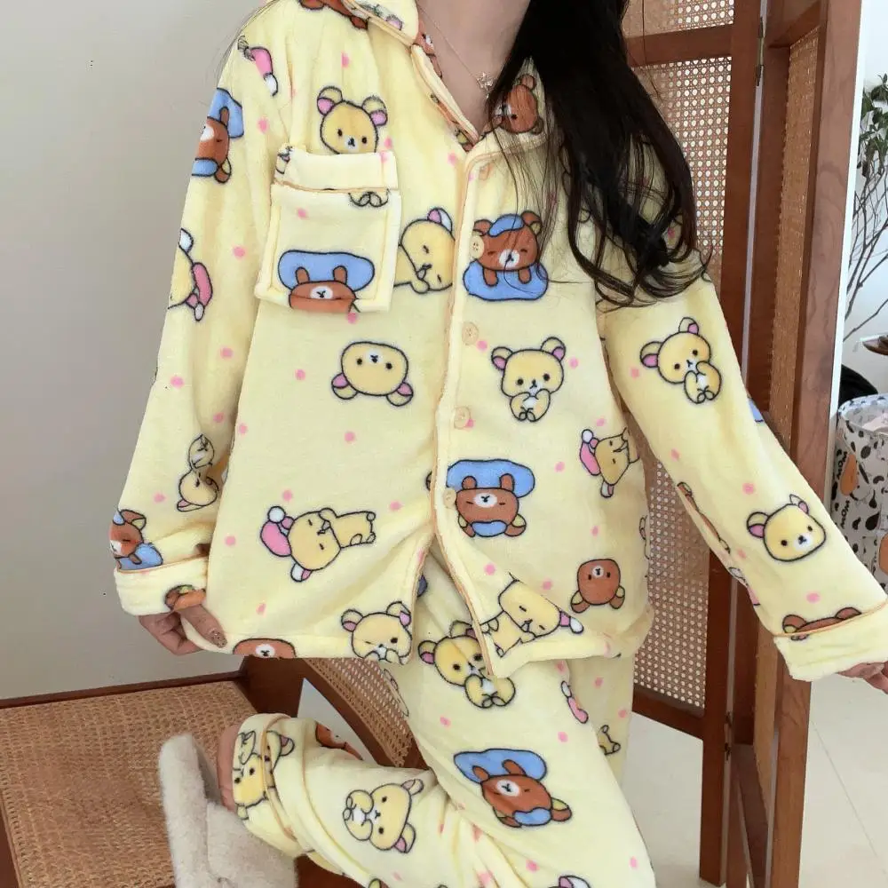 Kawaii Rilakkuma Anime Cartoon Coral Velvet Pajamas Winter Girls Warm Home Clothes Set Give Gifts To Girlfriend