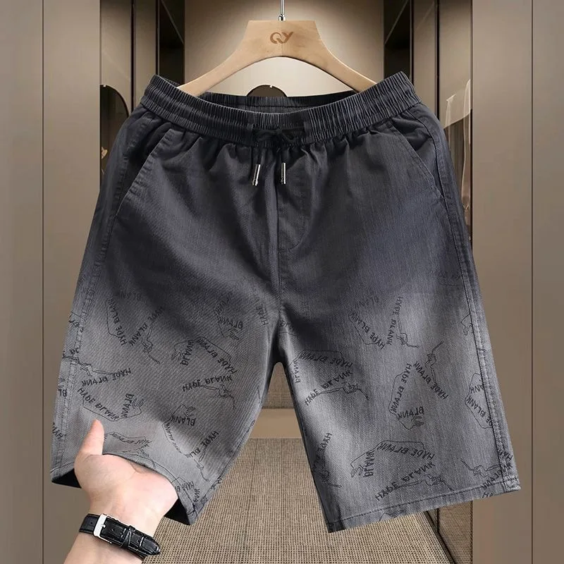 

Men's Gradient Print Denim Shorts Elastic Waist Casual Loose Straight Leg Shorts