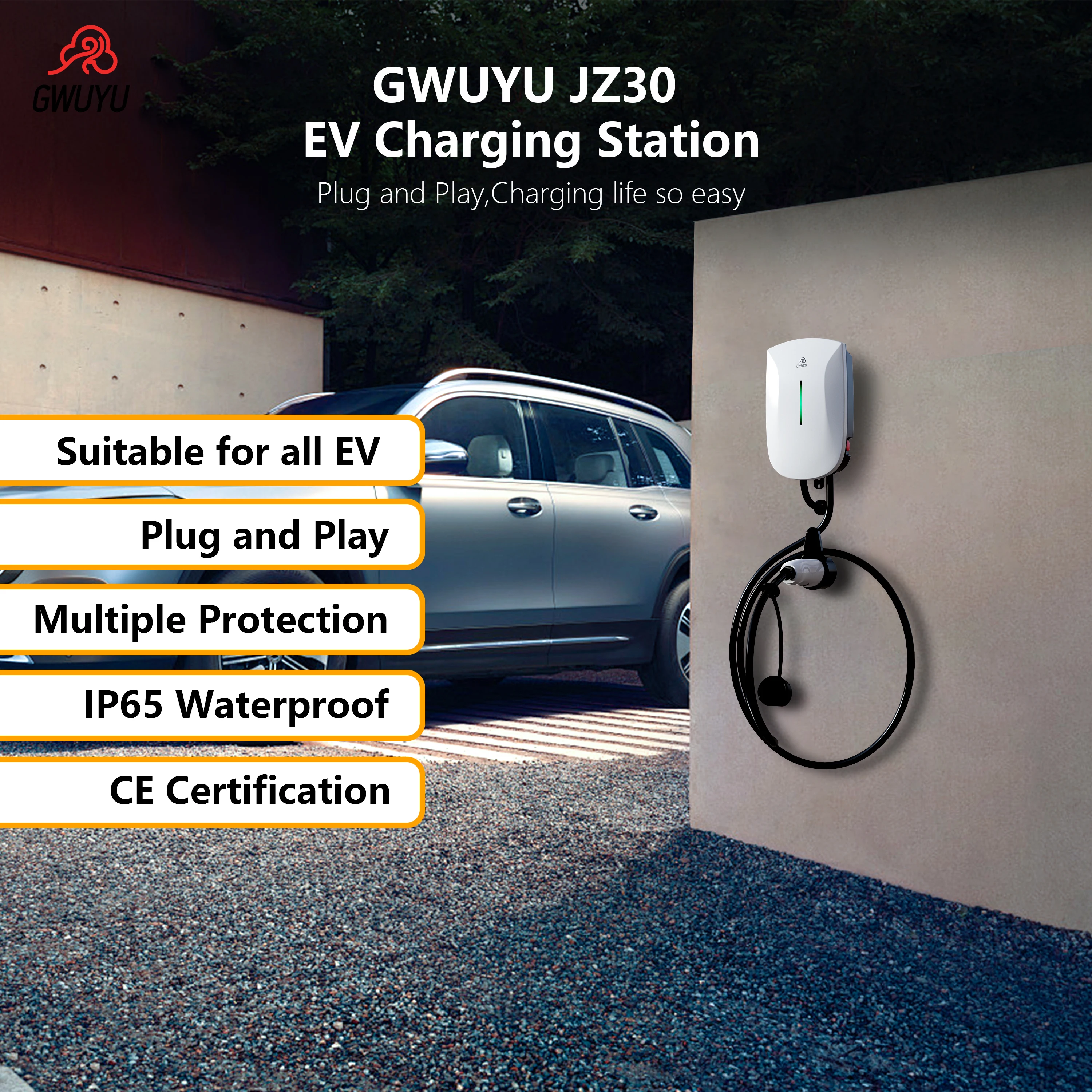 GWUYU Electric Car Charging Station 32A 7KW 1Phase 11KW 3Phase 22KW 3Phase EVSE Wallbox Charger Type 2 IEC62196-2 Plug and Play