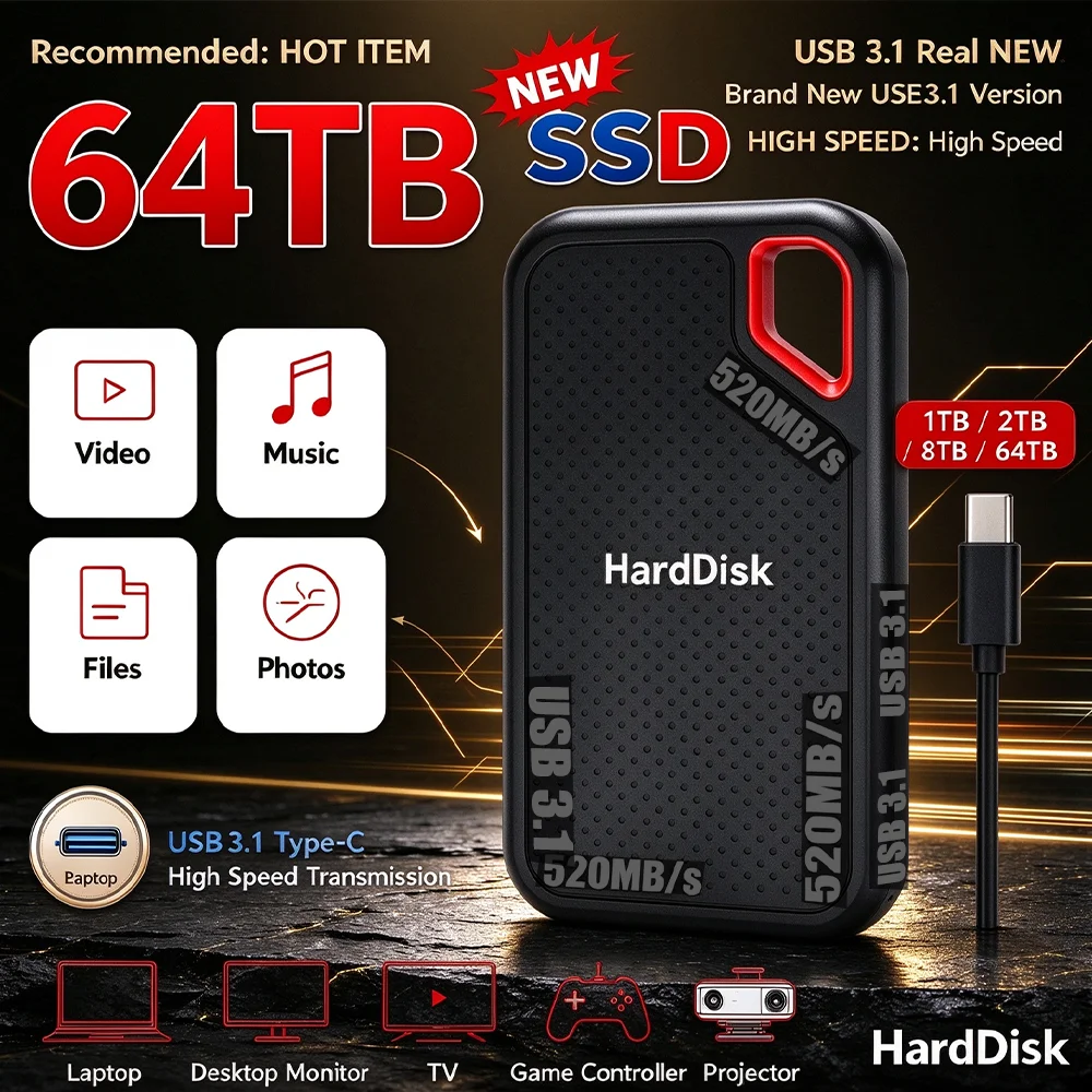 Portable External SSD 3TB USB3.1 Type-C High-speed Solid State Drive Secure Storage for PC Macbook Laptop