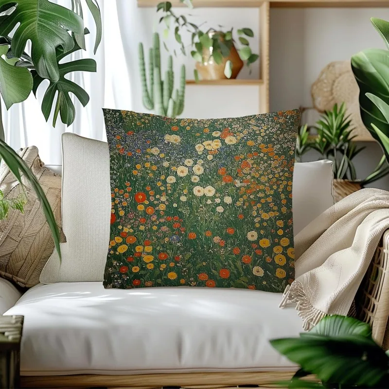 1pc Klimt-style Wildflower Field Print Pillowcase, Vintage Pastoral Floral Landscape, Living Room Bedroom Home Soft Decor, Pillow Insert Not Included