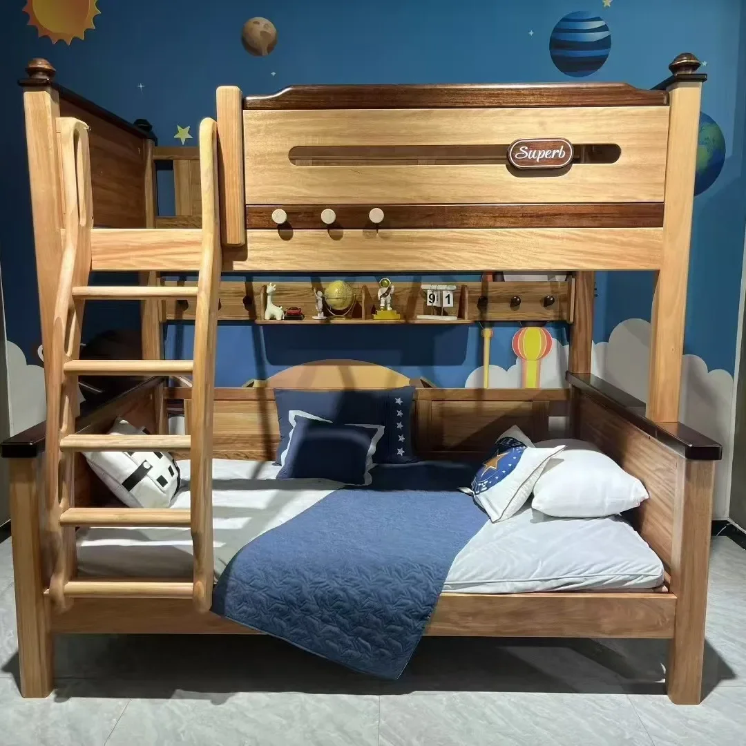 Red sandalwood all solid wood on and off bed high and low bed log color children's wood wax oil two double layers
