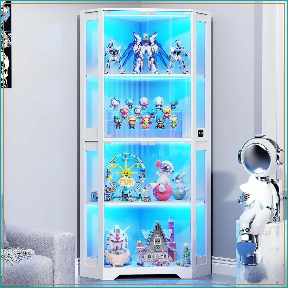 BROTTAR Lighted Corner Display Cabinet with Glass Doors for Collectibles