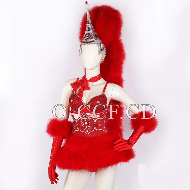

Drag Queen Outfit Women Gogo Costume Red Rhinestone Fluffy Suit Stage Performance Wear Carnival Festival Party Rave Clothes yk