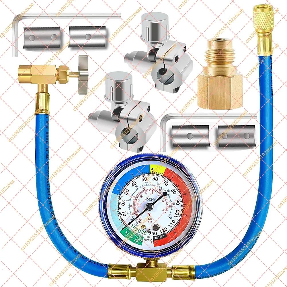R134A Refrigerant Charging Hose Kit with Gauge, AC Freon Recharge Pipe, Piercing Valve Tap Connector for Car Home Fridge Repair
