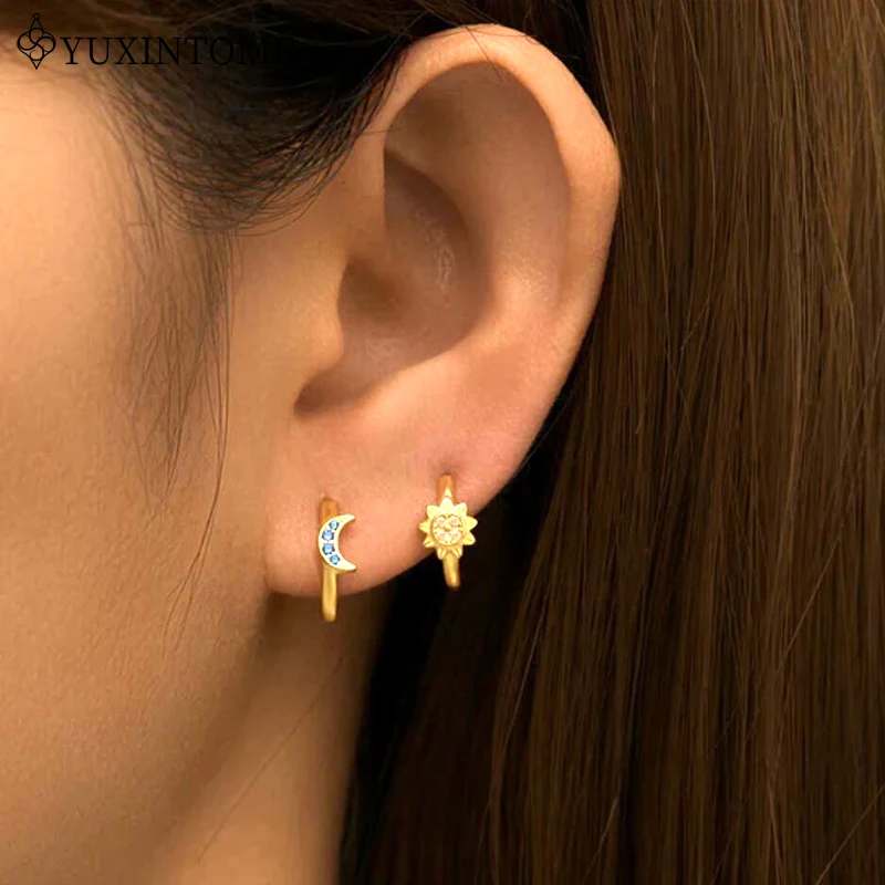 925 Sterling Silver Ear Needle Sun Moon/Star Zircon Hoop Ear Buckle For Women Vintage Earrings 2024  New Fashion Party Jewelry