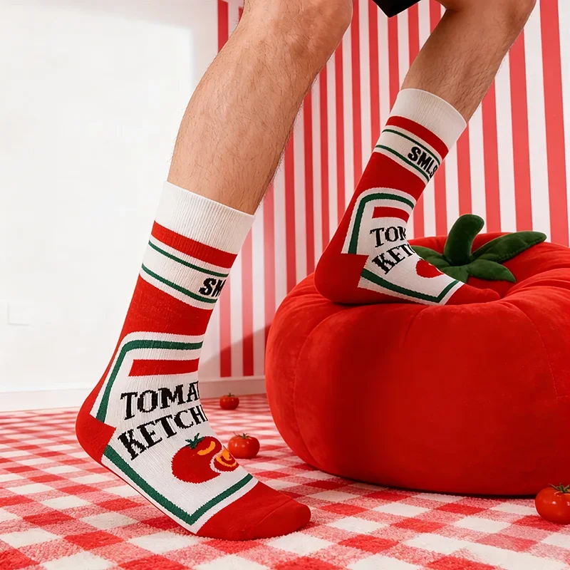 

1 Pair Funny Food Themed Men's Socks - Ketchup Package Print Mid-calf Socks, Stylish Versatile Casual Socks