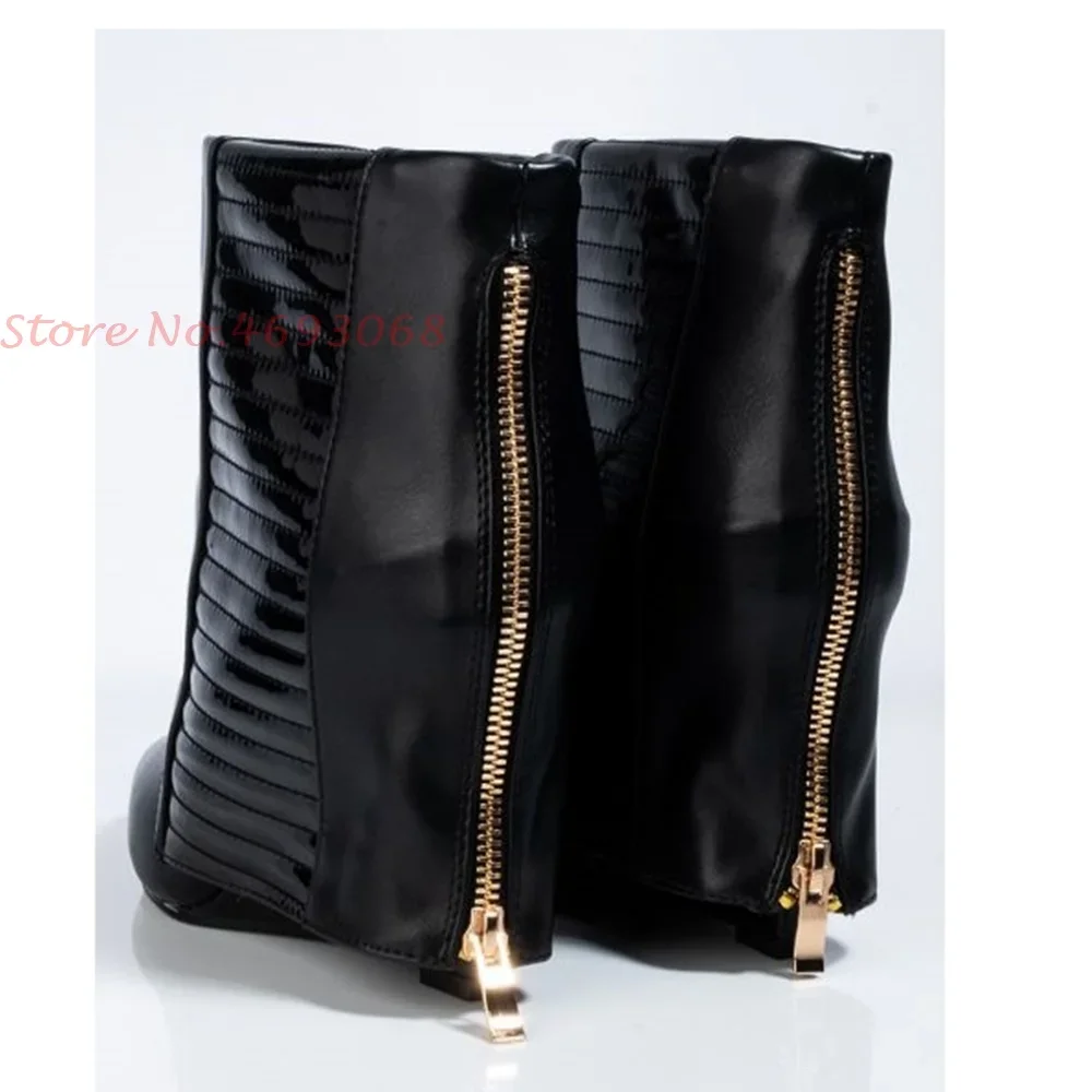 Turned Over Edge Striped Booties For Women Wedges Height Increasing Back Zipper 2022 Newest Shoes Thin Heels British Style Women