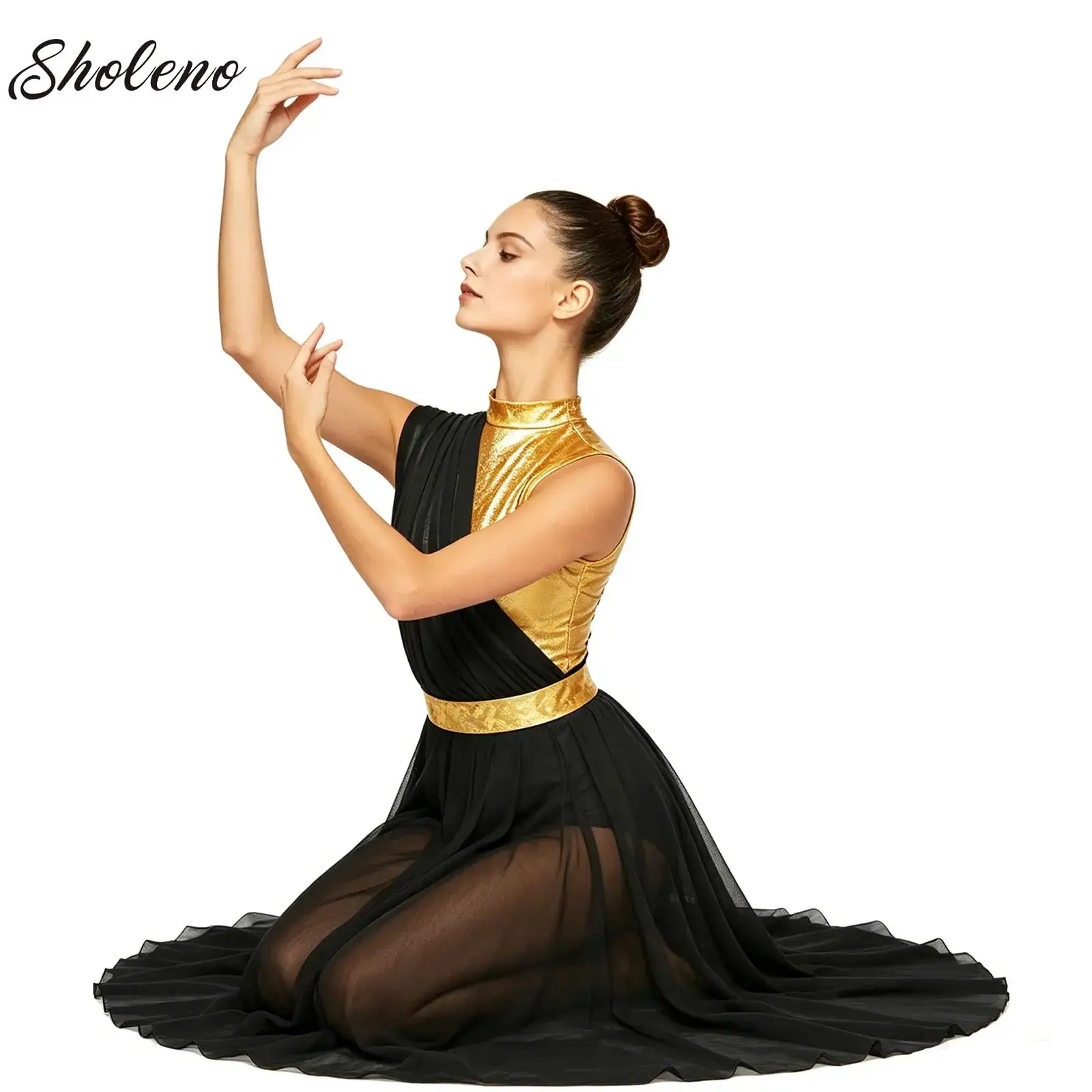 

Women Lyrical Contemporary Modern Dance Costume Metallic Shiny Irregular Hem Built-in Shorts Dress Liturgical Worship Dancewear