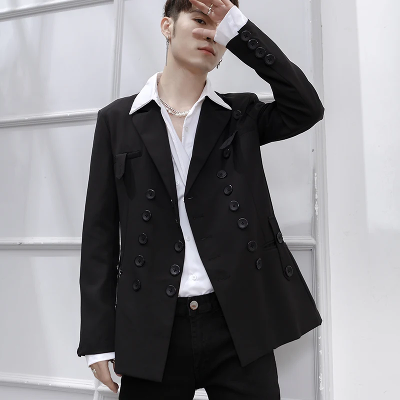 Yamamoto Wind Black Blazers Men's Double-breasted Plus Size Suits Youth Popular Wedding Slim Tops Korean Singer Stage Costumes