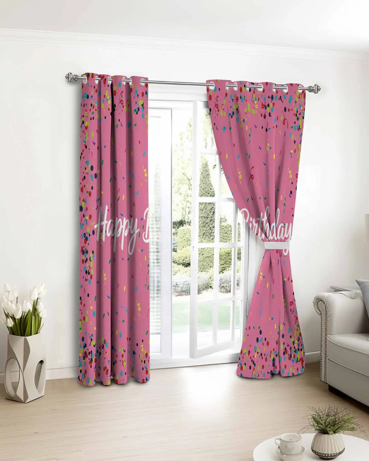 

2pcs, 1 panel Pink Celebration Birthday Ribbon Polyester Window Curtains For Living Room Kitchen Bedroom Drapes
