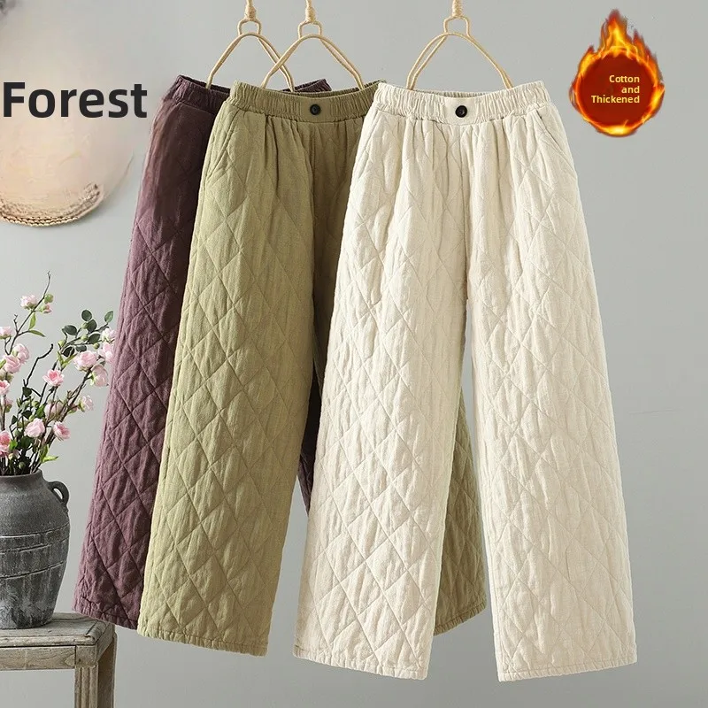 Warme Baumwoll-Leinen-Hose mit elastischem Bund, weites Bein, Rautenmuster, Winter, neue SLE-Hose in Übergröße für Damen mit lockerer Passform