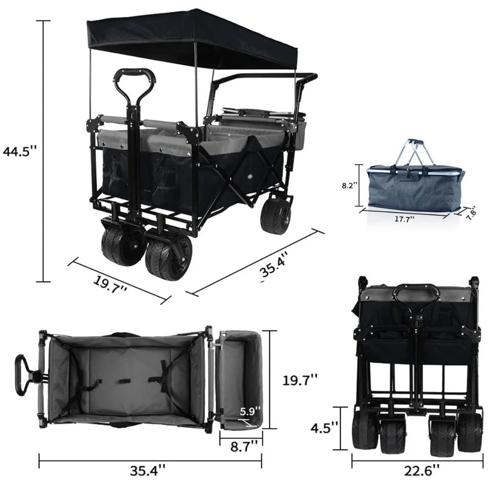 Collapsible Wagon Heavy Duty Folding Wagon Cart with Removable Canopy, 4