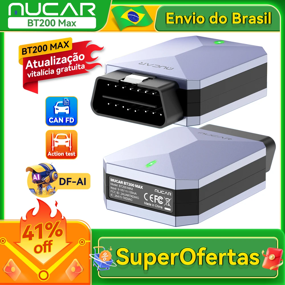MUCAR BT200 Max OBD2 Scanner CAN FD ELM 327, GM-LAN, Ferramenta de digitalização bidirecional Diagnóstico completo do sistema 15 Redefinir atualização gratuita vitalícia
