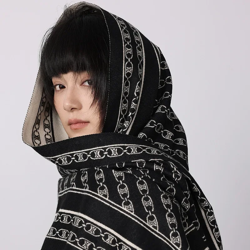 

2025 Winter Warm Cashmere Scarf for Women Chain Print Pashmina Shawl Wrap Neckerchief Female Bufanda Echarpe Design Headband