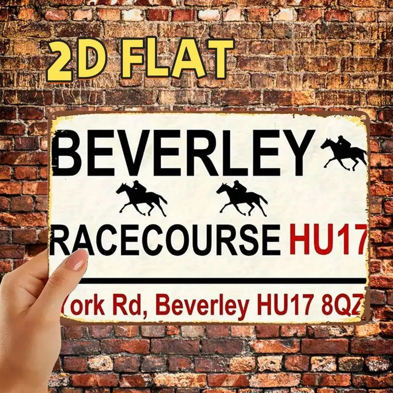Fun Beverly Racecourse Logo Metal Tin Sign，Pre-drilled holes，Suitable for indoor use、Garden、Outdoor、Home
