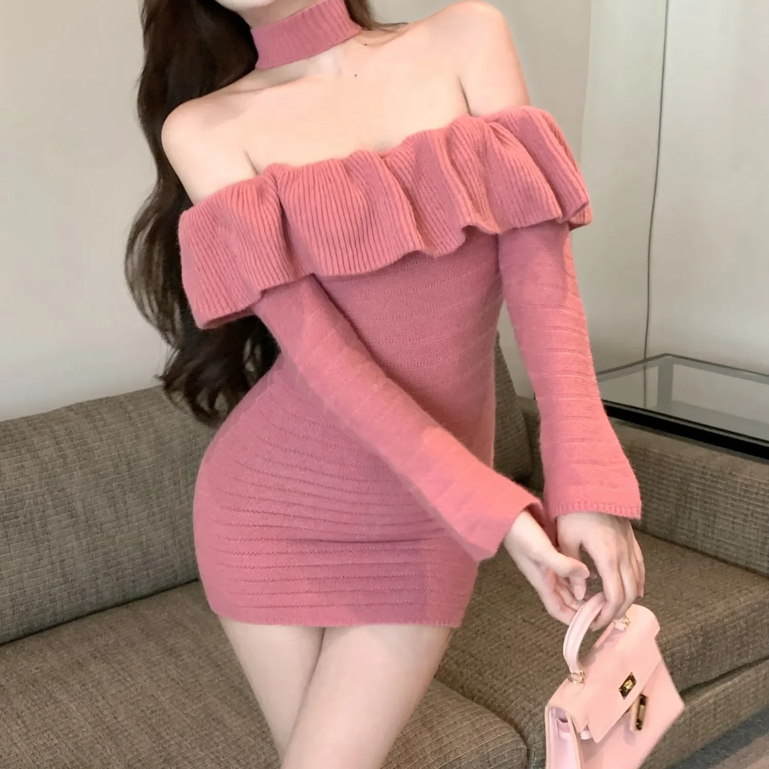 Gagaok Ruffled Collar Bodycon Dress Elegant Off Shoulder High Waist Mini Dresses Women Knitwear Gentle Slimming Vestidos