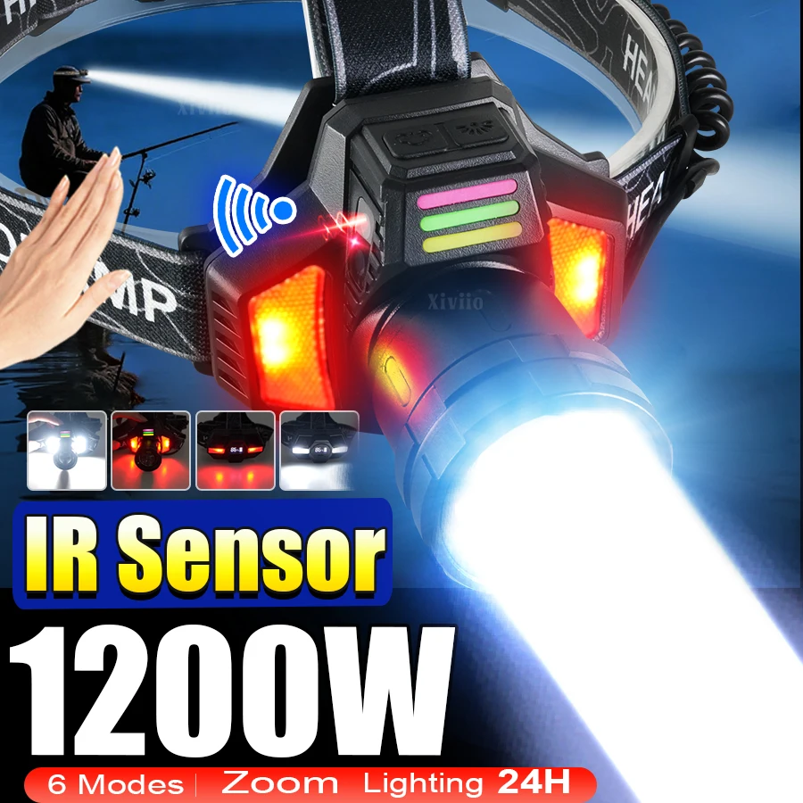 

2026 Налобный фонарь высокой мощности 1200 Вт Светодиодный налобный фонарь с датчиком 18650 Перезаряжаемая фара дальнего действия Рыбалка Кемпинг Налобный фонарь