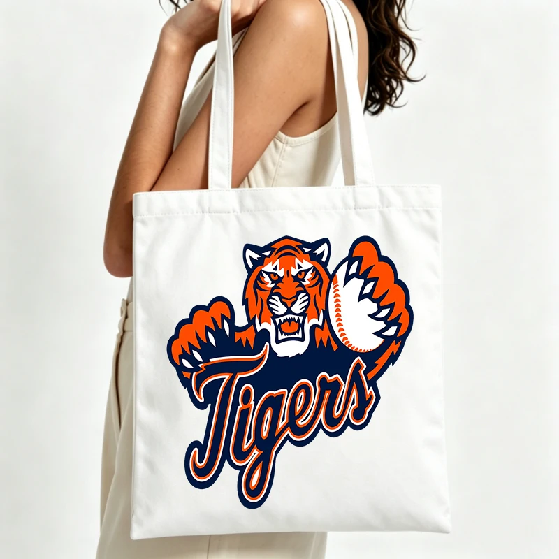 tiger graphic canvas tote bag with baseball element, casual style for daily shopping and outings