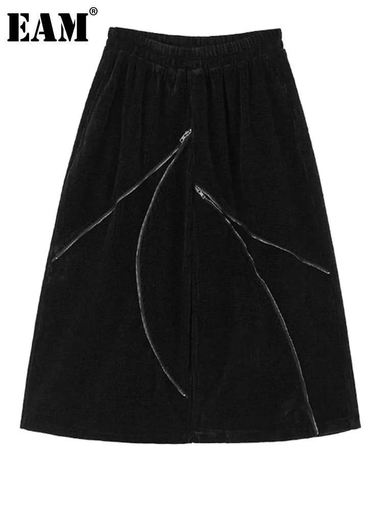 

[EAM] High Elastic Waist Black Zipper Spliced Corduroy A-line Half-body Skirt Women Fashion Tide New Spring Autumn 2024 1DH7342