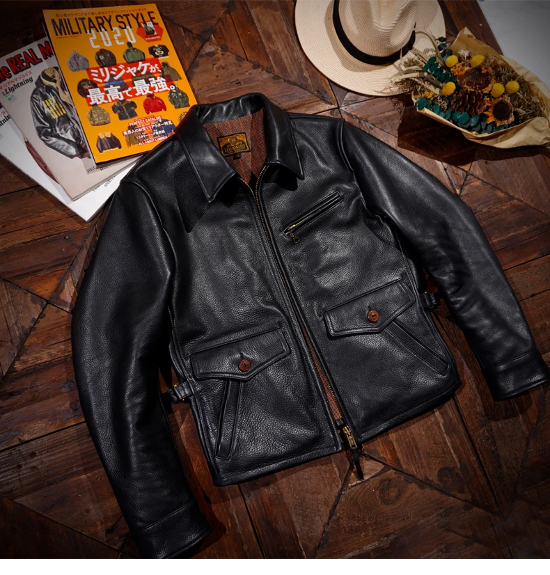 

Italian Full Grain Water Dyed Cowhide Leather Classic Men's Vintage Genuine Leather Biker Jacket