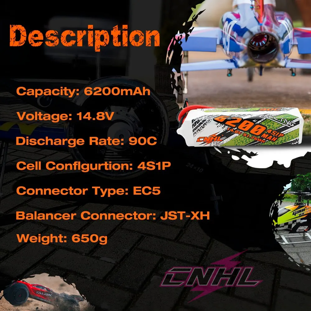 CNHL 4S Lipo Battery 14.8V 6200mAh 90C With EC5 Plug For RC Car Boat Vehicles Helicopter Airplane Truck Truggy Buggy