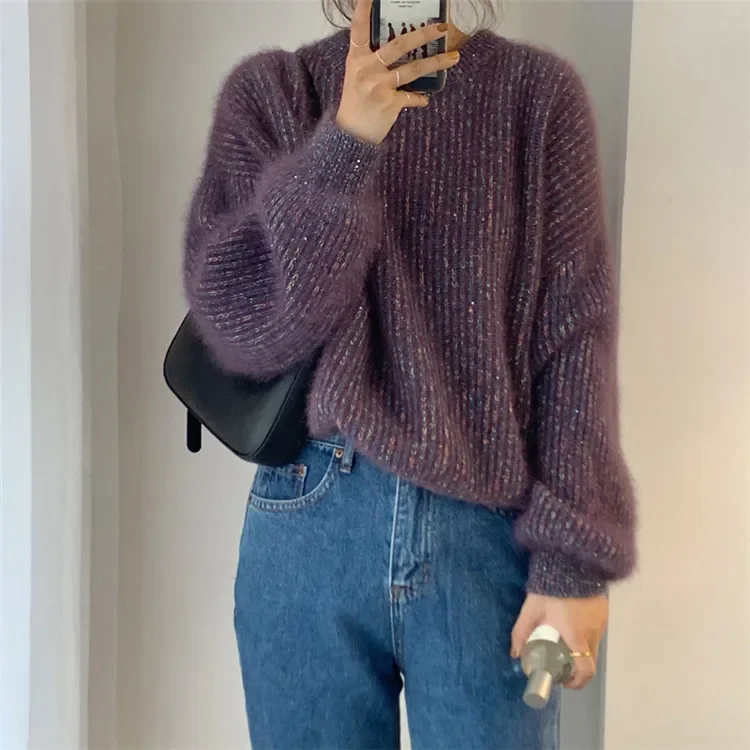 Autumn and Winter Women Sweaters New Loose Raccoon Velvet Gold Round Neck Sparkling Japanese Pullover Top Thick Sweater Women