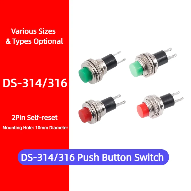 DS-314 DS-316 10mm Non-locking Self-reset Mini Push Button Switch 2Pin Instrument Panel Accessory Household Appliance
