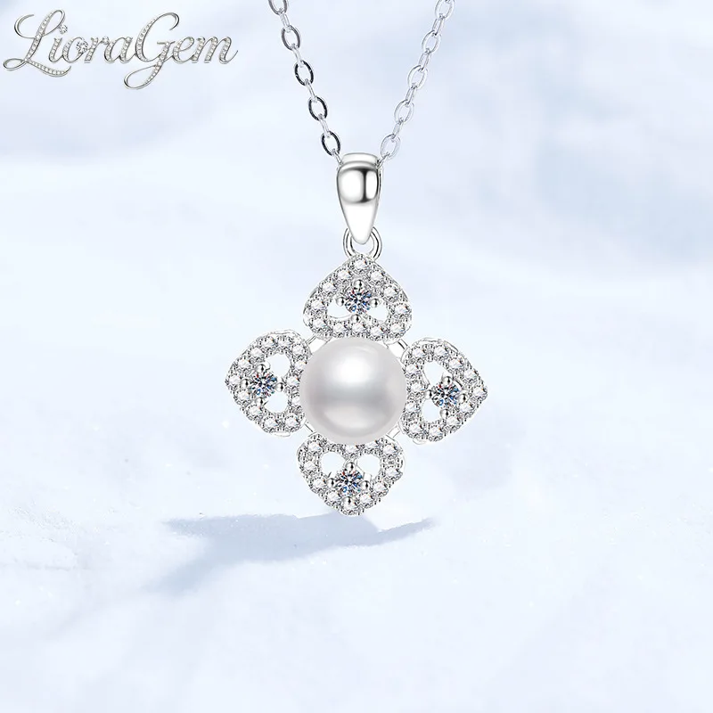 LioraGem Platinum PT950 Natural Freshwater Pearl Pendant Necklace, Camellia Lucky Knot Moissanite Collar Necklace for Women