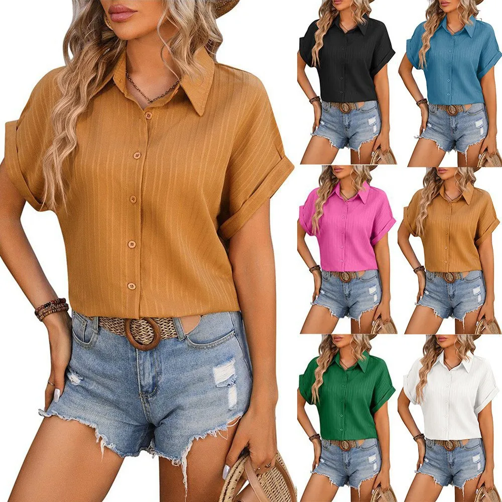 Women Blouse Short Sleeve Solid Blouses Drop Shoulder Pleated Shirt Cropped Top Mustard Yellow Button Down Shirt Front Cuff