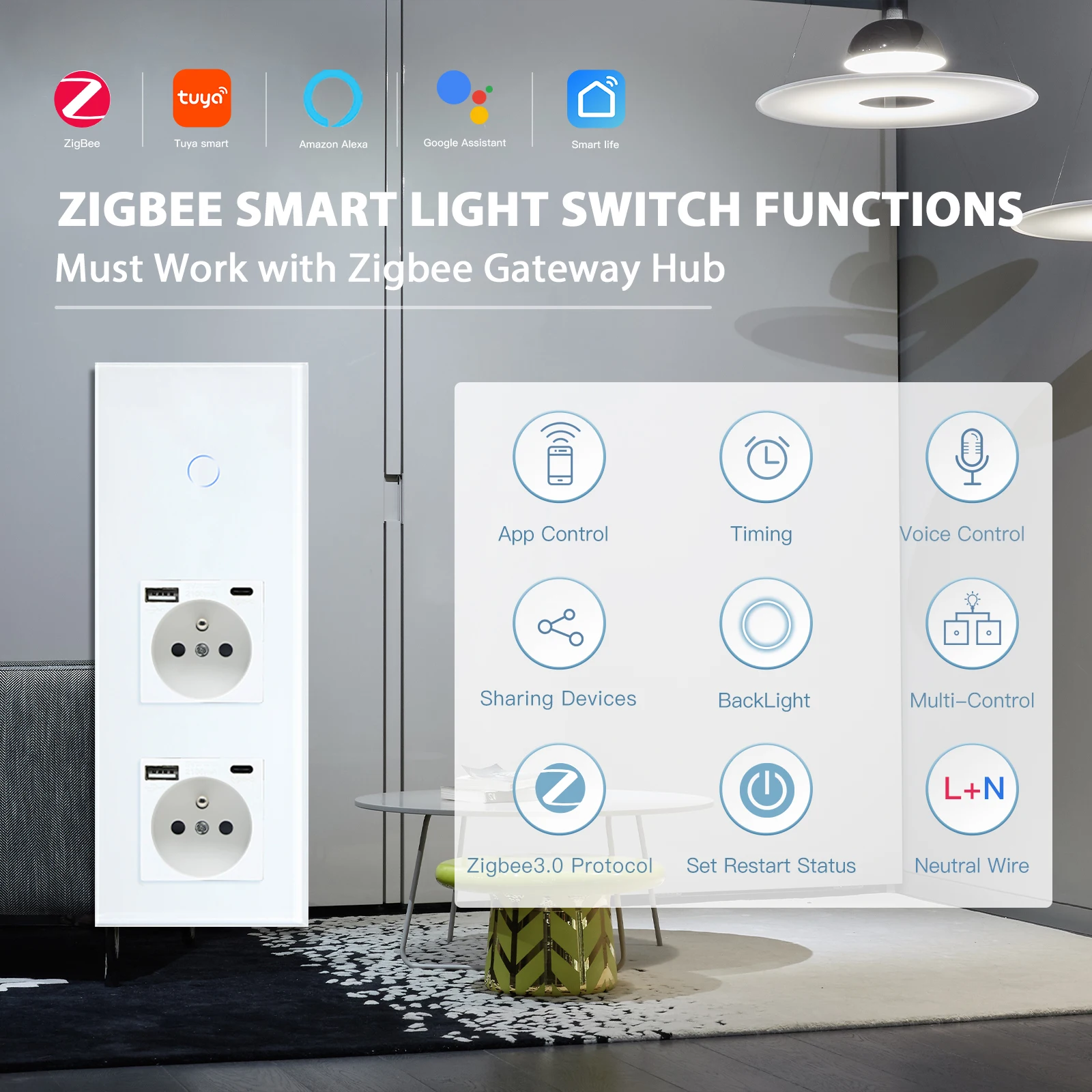 BSEED Zigbee 1/2/3Gang Wall Touch Switches With Double French Type-c USB Power Sockets Tuya Google Alexa Control