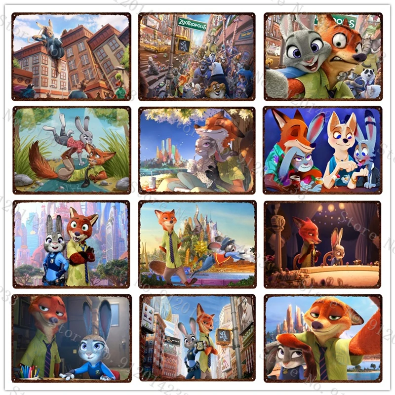 Zootopia Disney Movie Metal Plate Children's Room Decoraion Wall Art Tin Poster Judy and Nick Cartoon Metal Signs